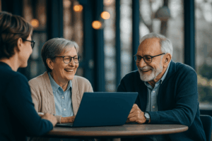 Smiling senior couple sitting at a table with a professional advisor, reviewing Medicare information on a laptop in a warm, modern setting.