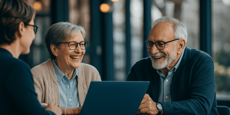 Smiling senior couple sitting at a table with a professional advisor, reviewing Medicare information on a laptop in a warm, modern setting.