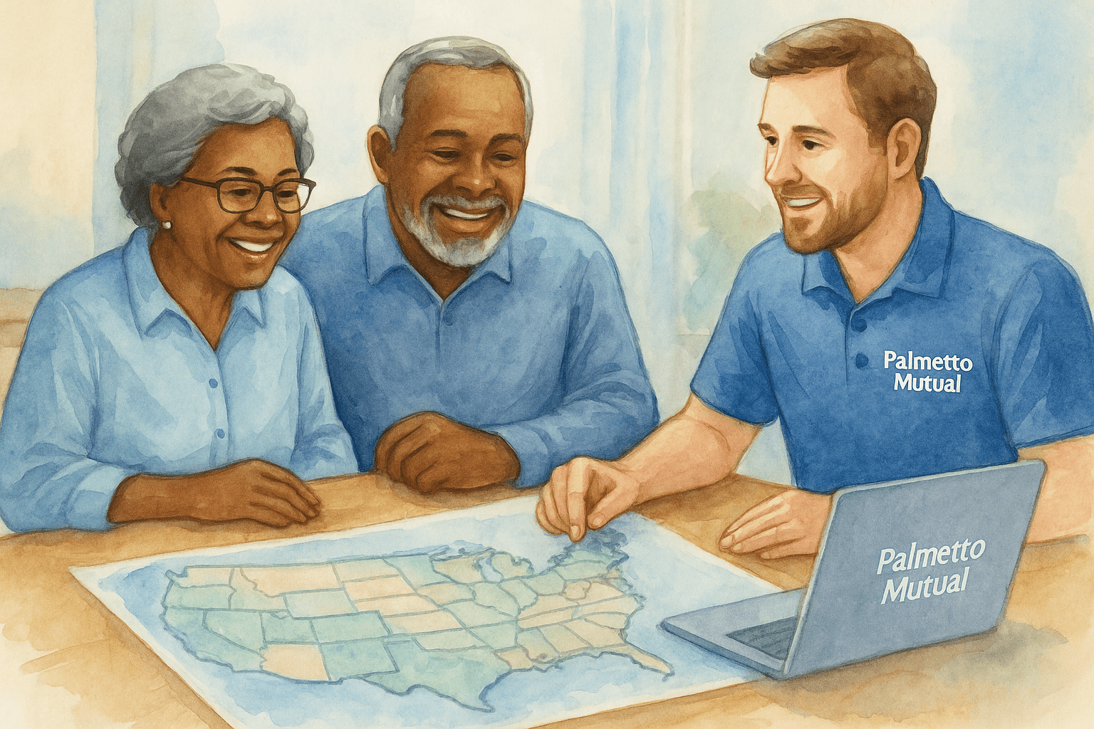 An African American senior couple sits at a wooden table with a Palmetto Mutual insurance agent, reviewing a U.S. map together. The scene is illustrated in a soft watercolor style with natural light and warm, friendly expressions.