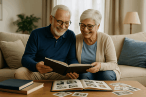 Smiling senior couple sitting on a couch together, flipping through a photo album in a cozy living room filled with natural light and loose family photos on the table in front of them.