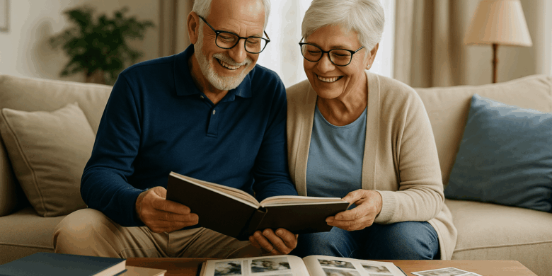 Smiling senior couple sitting on a couch together, flipping through a photo album in a cozy living room filled with natural light and loose family photos on the table in front of them.