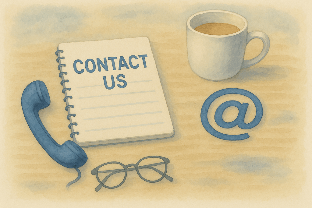 A watercolor illustration features a "Contact Us" notepad, blue telephone handset, @ symbol, coffee mug, and eyeglasses arranged on a wooden surface, evoking a warm and trustworthy communication theme.