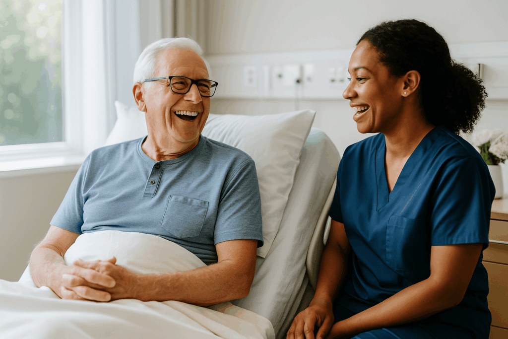 Smiling senior man sitting in a hospital bed chatting with a friendly nurse, both laughing in a sunlit patient room, symbolizing comfort and support during hospital recovery.
