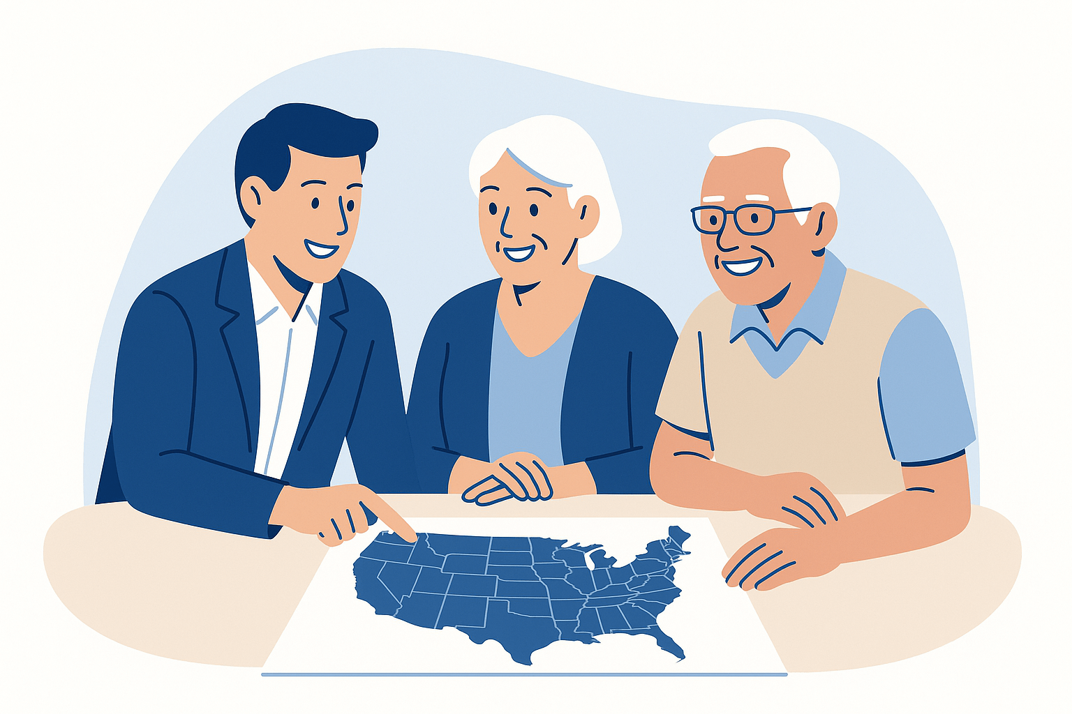 Flat-style illustration of a senior couple smiling with a friendly insurance agent as they review a U.S. map on a table, representing personalized insurance guidance by state.