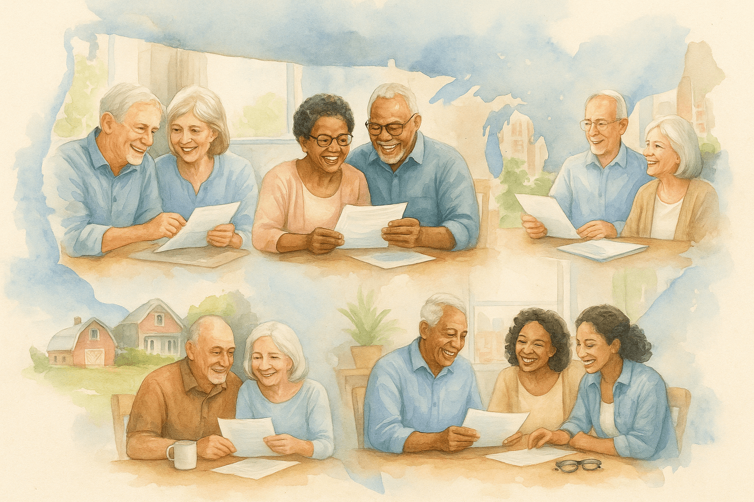 A watercolor collage of five senior couples from different parts of the U.S., each reviewing insurance documents in warm, welcoming home settings. The image reflects diversity, trust, and nationwide support from Palmetto Mutual.