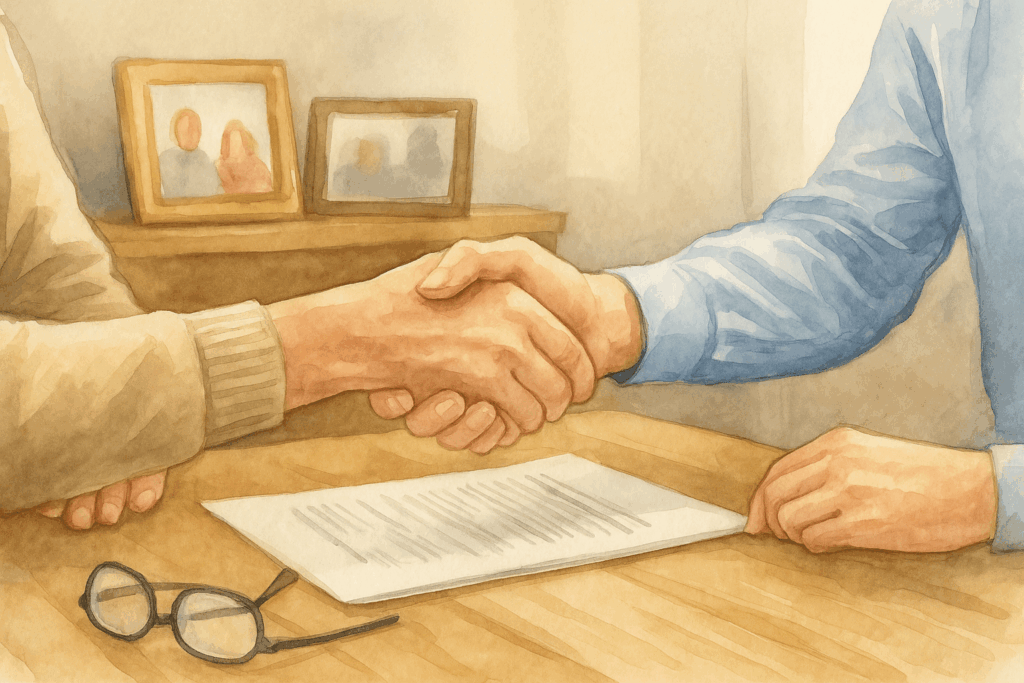 A close-up watercolor illustration of a handshake between an elderly and a younger white professional, symbolizing trust and partnership in a home office setting. Paperwork and eyeglasses rest on the table, with a softly blurred background of framed family photos.