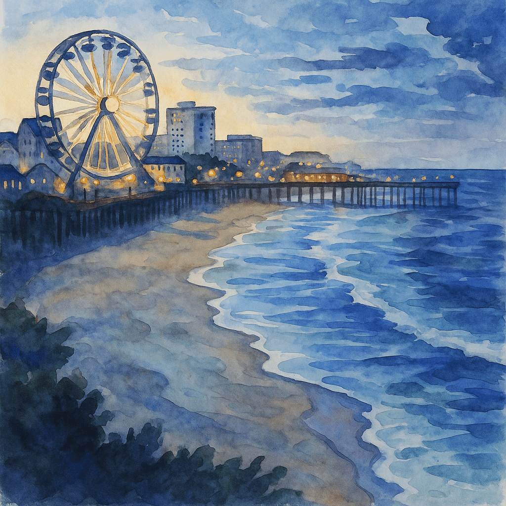 Watercolor painting of Myrtle Beach at twilight featuring a glowing Ferris wheel, a wooden pier lit with lights, and gentle waves along the shoreline.