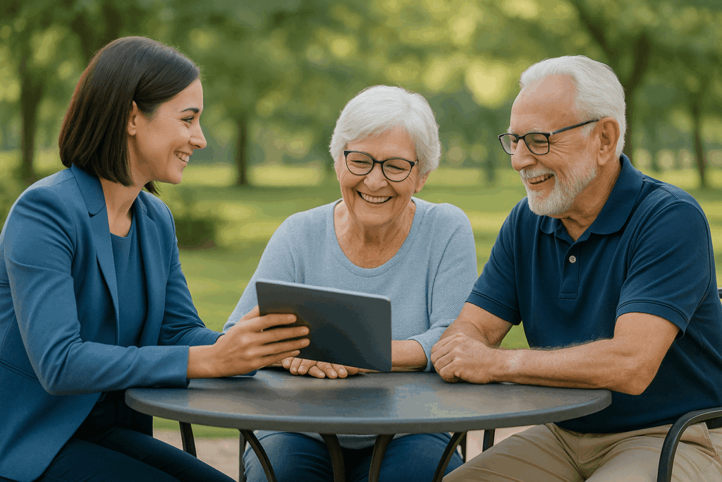 Senior couple sitting at an outdoor table with a smiling insurance agent, reviewing information on a tablet in a park-like setting.