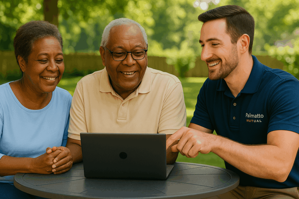 Smiling African American senior couple sitting with a Palmetto Mutual insurance agent at a patio table in a sunny backyard, reviewing Medicare and life insurance options on a laptop.