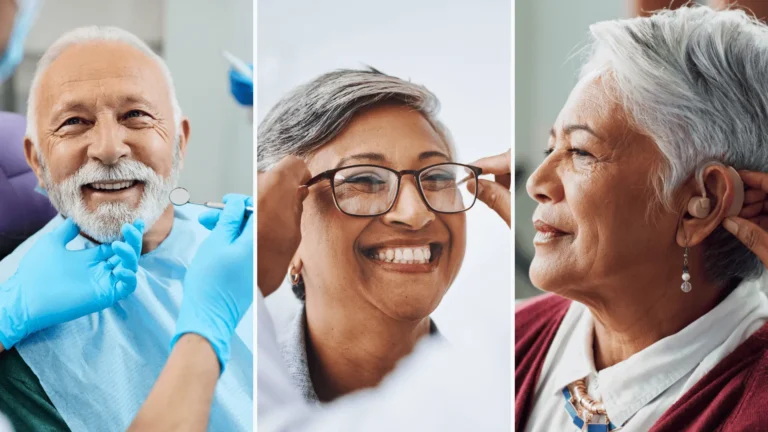 Three-panel image of senior adults receiving care: a smiling man during a dental exam, a woman trying on new eyeglasses, and another woman adjusting a hearing aid, illustrating dental, vision, and hearing support for seniors.