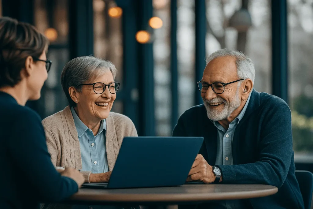 Smiling senior couple sitting at a table with a professional advisor, reviewing Medicare information on a laptop in a warm, modern setting.