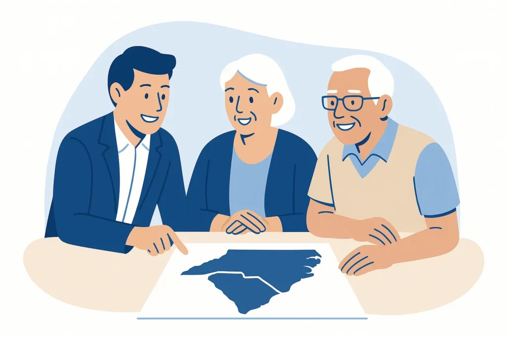 Flat-style illustration of a senior couple smiling with a friendly insurance agent as they review a map of the Carolinas on a table, representing personalized insurance guidance by state.