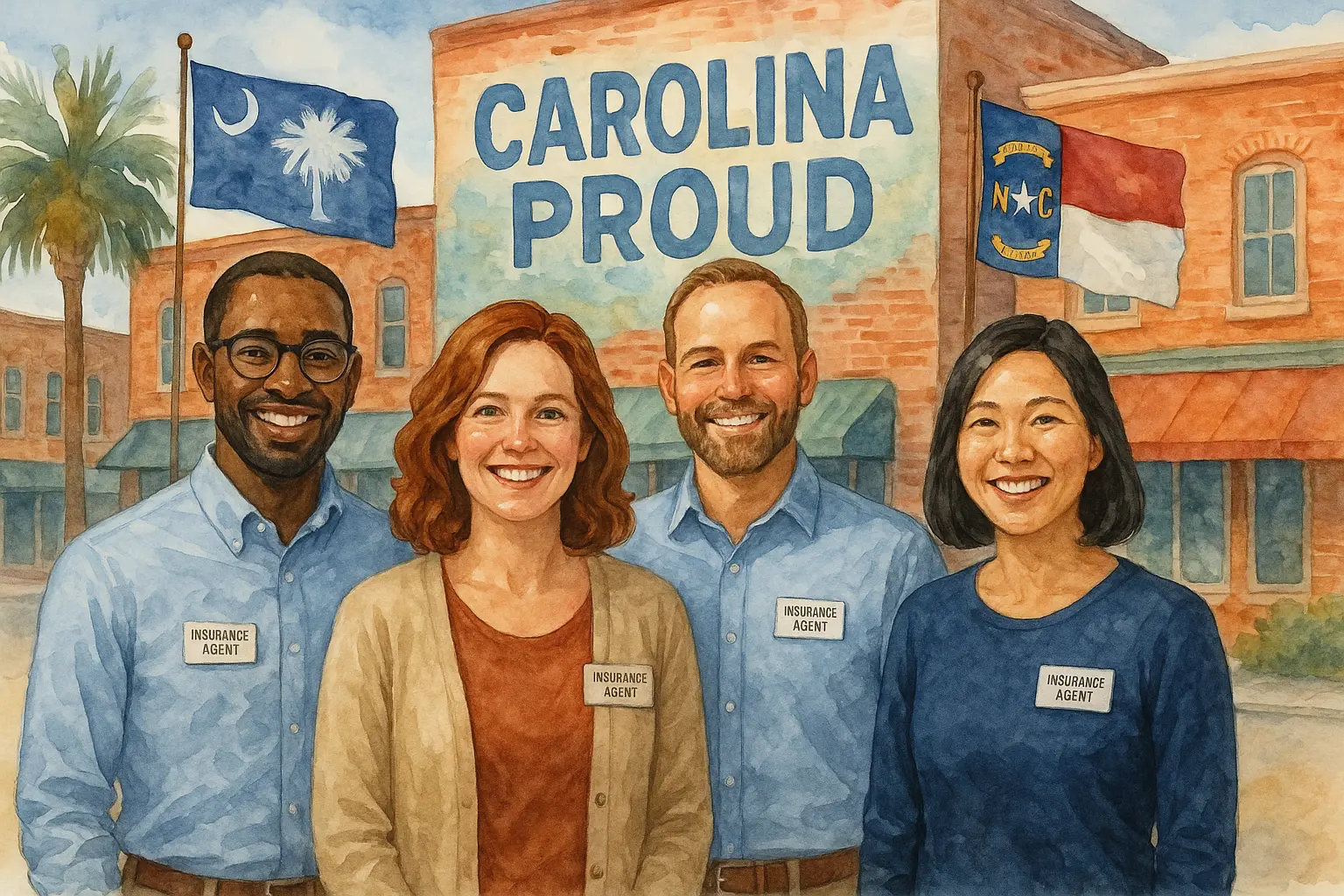 Watercolor painting of a diverse team of local insurance agents smiling outside a Carolina town center with red brick buildings, palmetto trees, and “Carolina Proud” mural. North Carolina and South Carolina flags are visible. Agents wear name badges and casual attire.