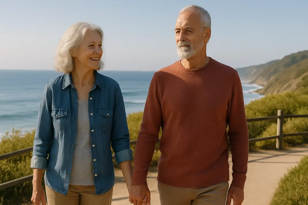 Senior couple walking hand-in-hand at a scenic Carolina beachfront overlook, symbolizing safety, strength, and a forward-looking retirement.