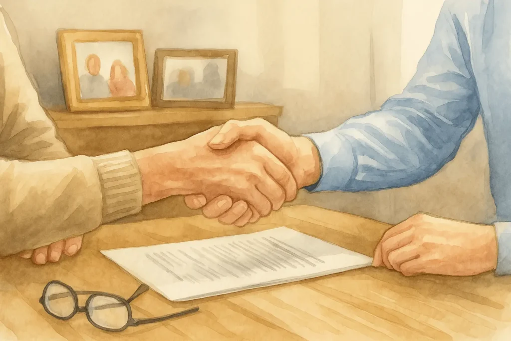 A close-up watercolor illustration of a handshake between an elderly and a younger white professional, symbolizing trust and partnership in a home office setting. Paperwork and eyeglasses rest on the table, with a softly blurred background of framed family photos.