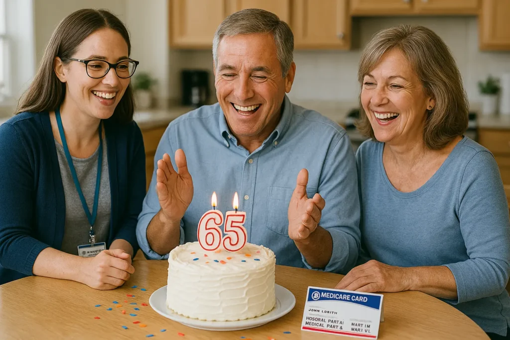Senior couple celebrating 65th birthday with a Palmetto Mutual insurance agent at a kitchen table, smiling beside a Medicare card and birthday cake with glowing candles.