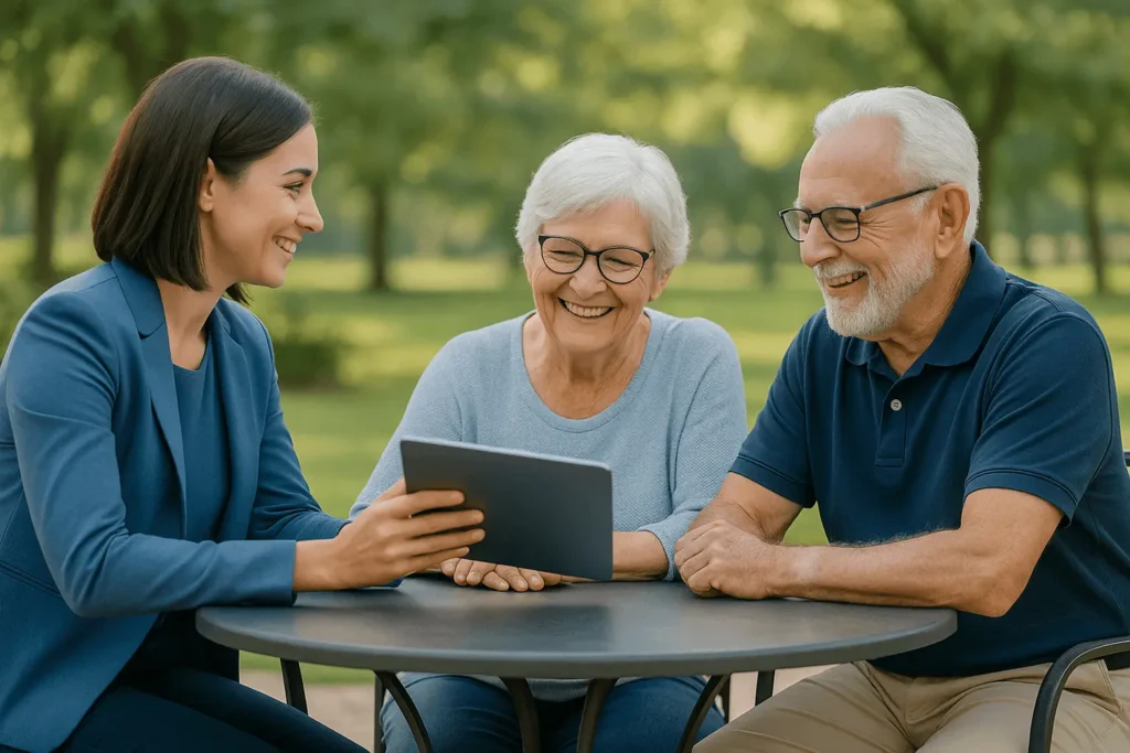 Senior couple sitting at an outdoor table with a smiling insurance agent, reviewing information on a tablet in a park-like setting.