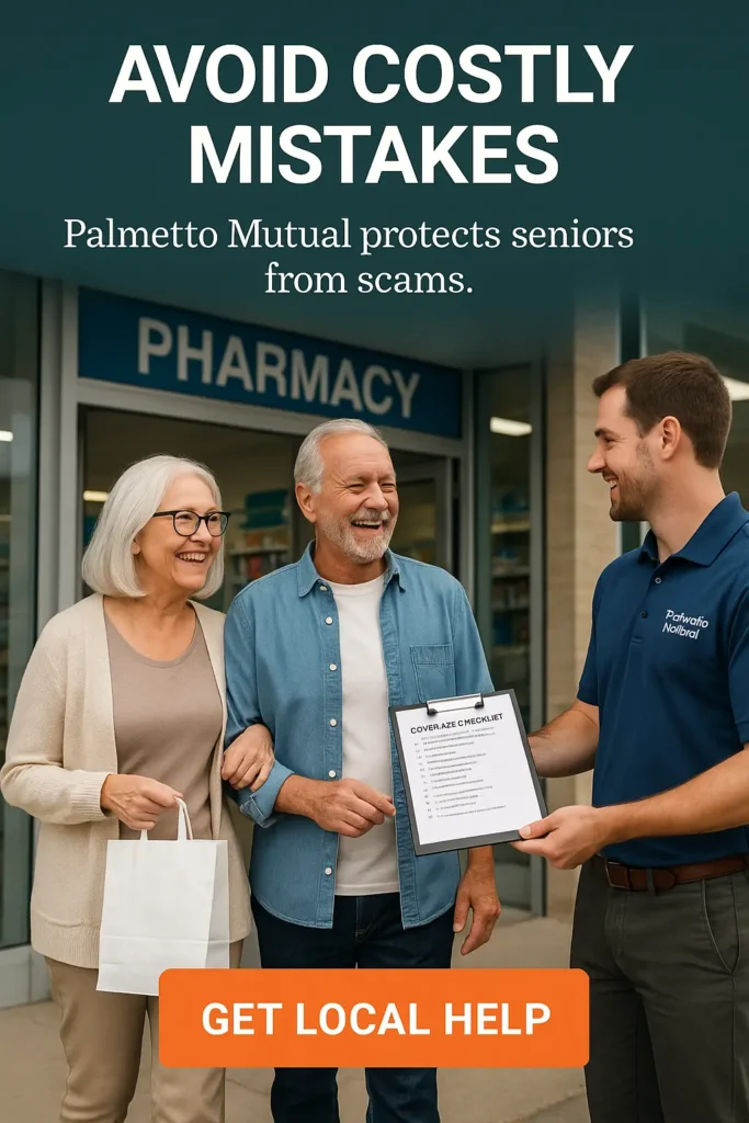 Senior couple leaving Hilton Head pharmacy with advisor offering Medicare checklist