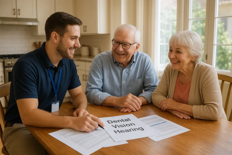 Senior couple reviewing DVH bundled vs standalone coverage with local advisor at kitchen table