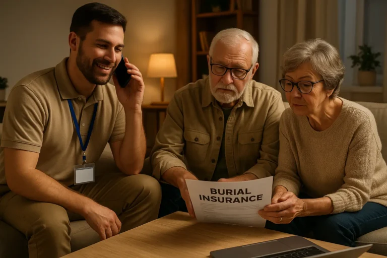Senior couple reviewing final expense insurance by phone with friendly advisor.