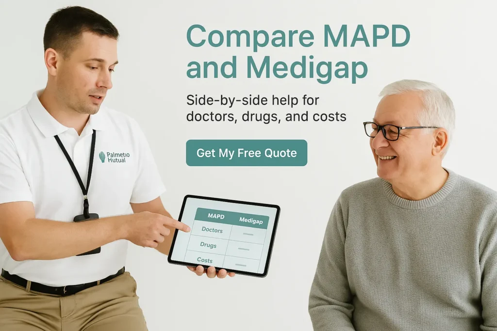 Palmetto Mutual broker helping a senior compare MAPD and Medigap side by side.