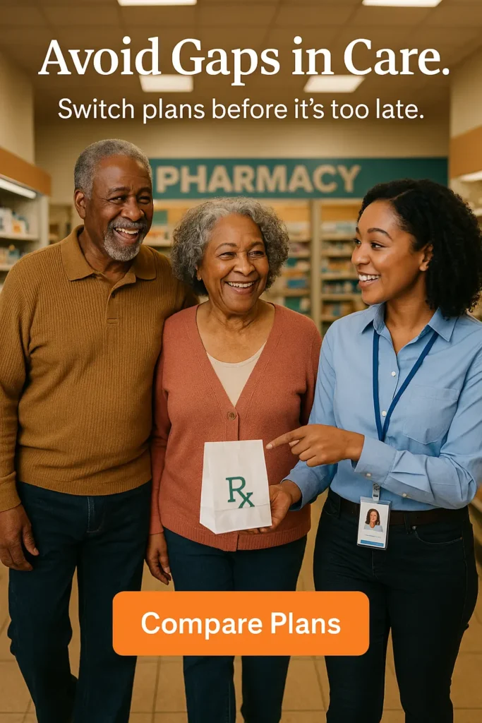 Senior couple at pharmacy discussing Medicare coverage with advisor