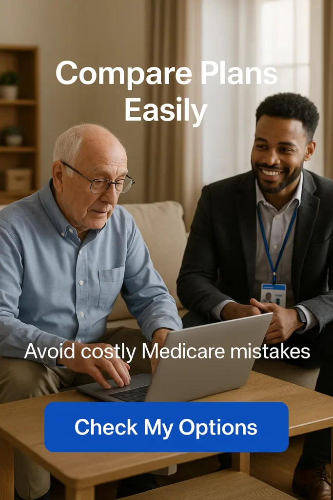 “Senior man comparing Medicare plans online with advisor.”