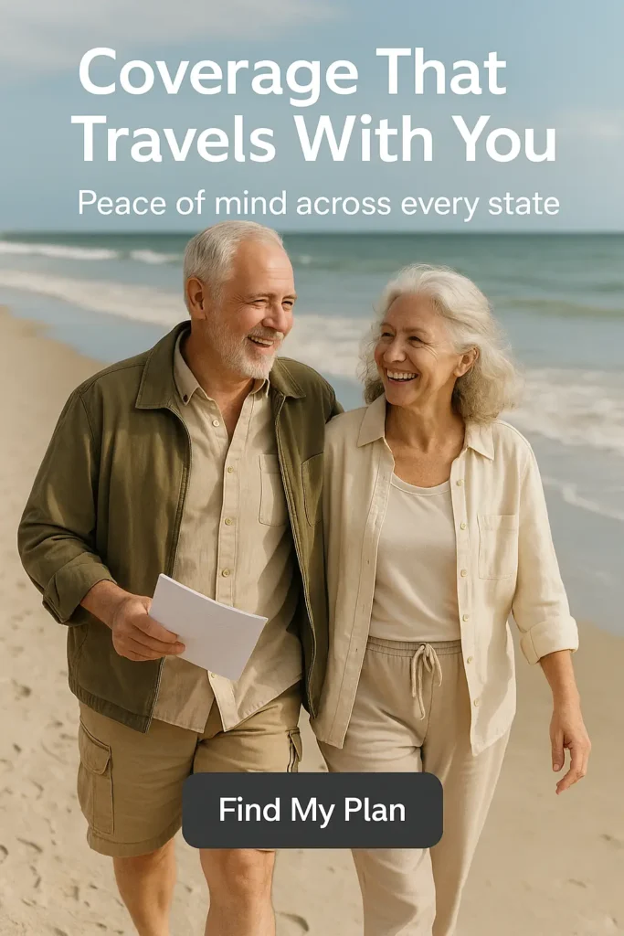 Retired couple walking on the beach discussing Medicare coverage.