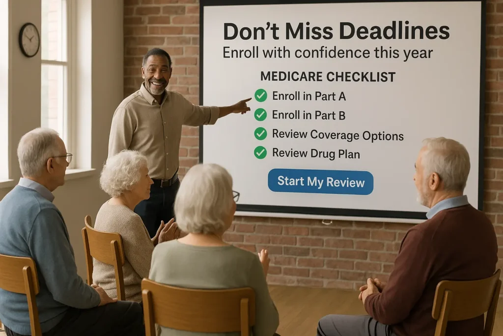 Seniors attending Medicare enrollment workshop.”