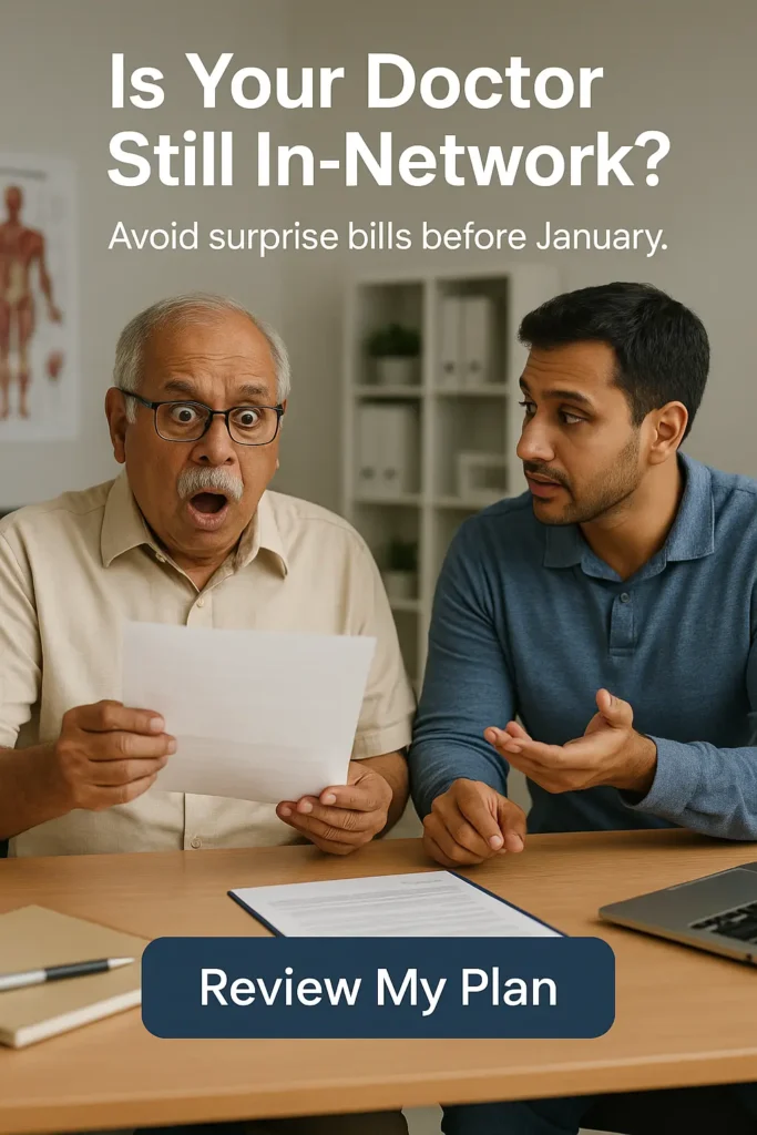 Senior man reviewing Medicare doctor network changes with advisor in clinic office
