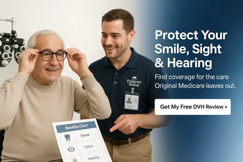 Senior man at optometrist with Palmetto Mutual broker reviewing DVH benefits"