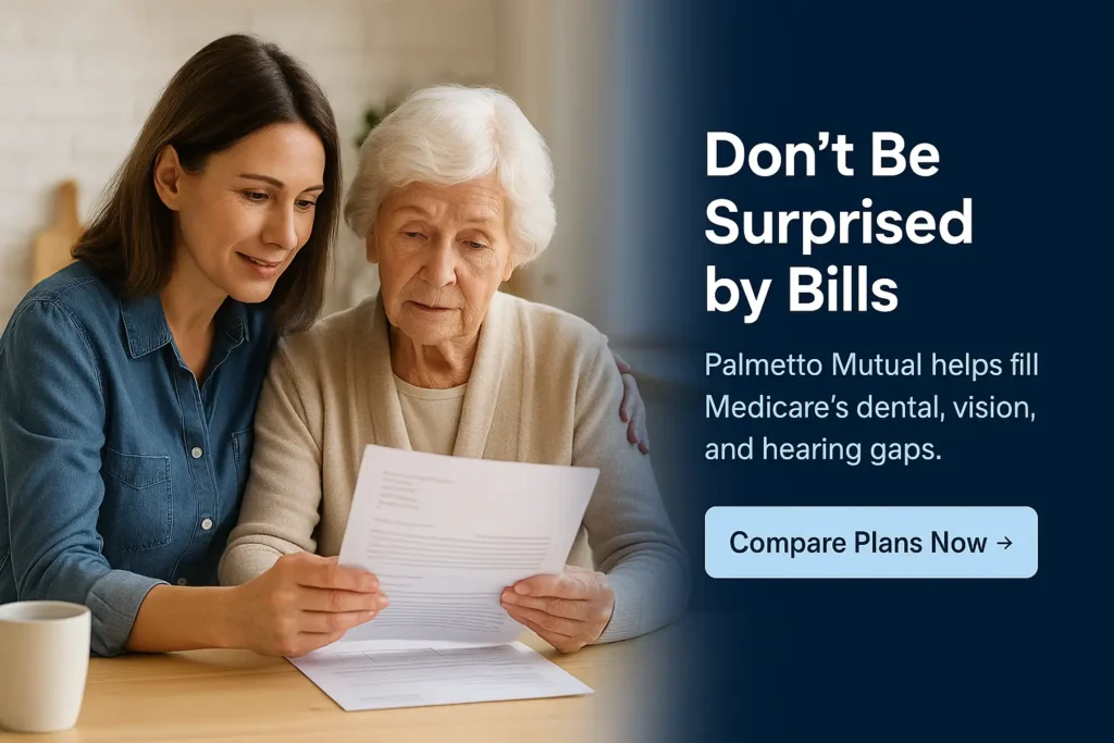"Adult daughter helping elderly mother review DVH insurance paperwork"