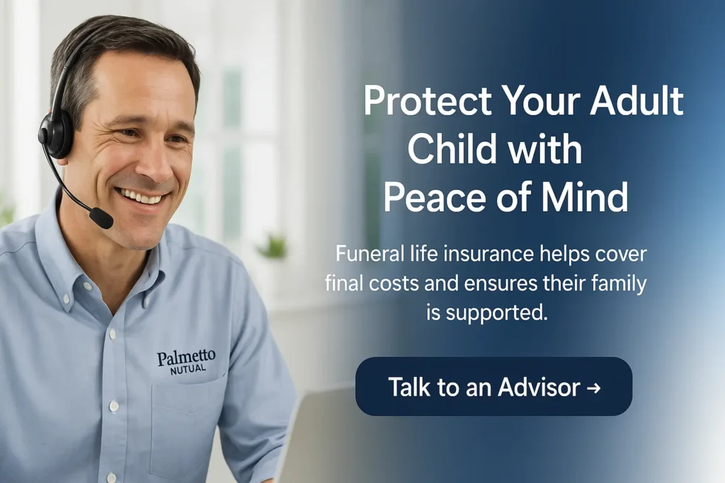 Licensed call center advisor smiling while helping a customer with funeral life insurance coverage options.