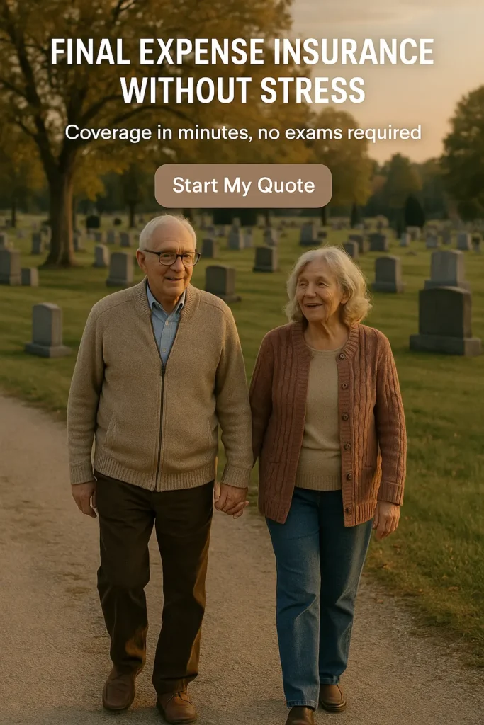 Senior couple walking peacefully near cemetery while planning insurance coverage.