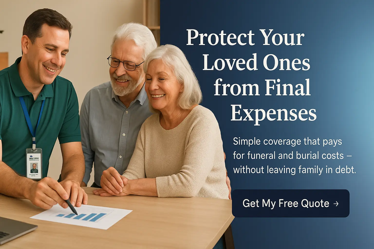 Friendly insurance advisor showing a senior couple their final expense coverage options with banner space for text overlay.