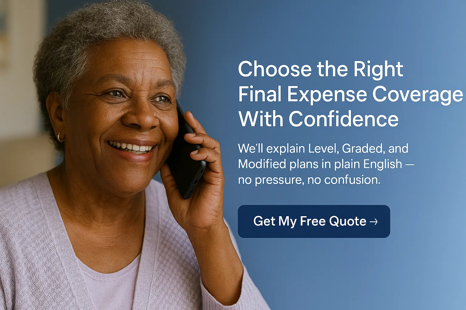 Senior woman speaking on the phone with insurance advisor for final expense coverage options
