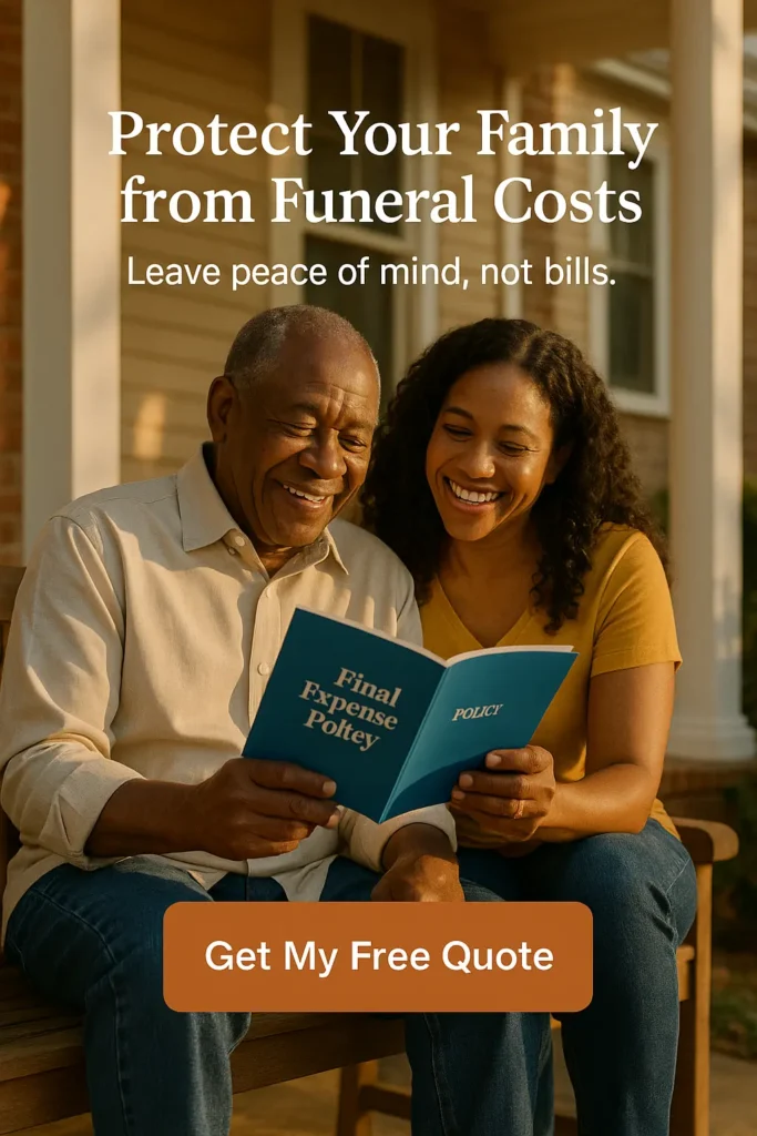 Senior man and daughter reviewing funeral expense insurance coverage.