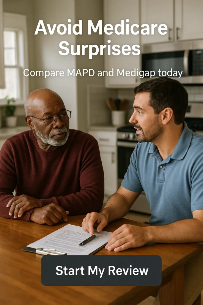 Senior man talking with advisor about Medicare choices.