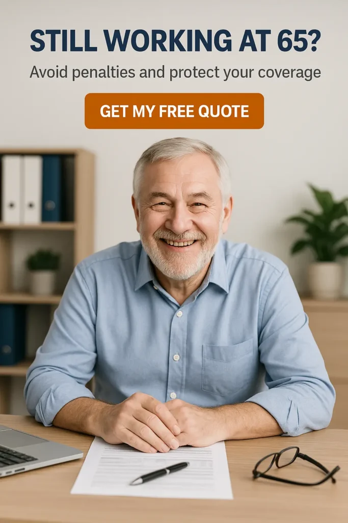 Senior man at work desk reviewing Medicare options while still employed at 65