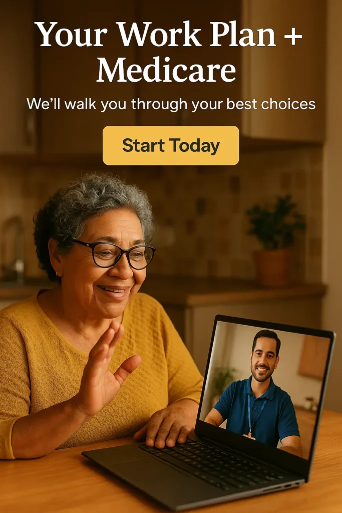 Senior woman meeting virtually with Medicare advisor while working past 65