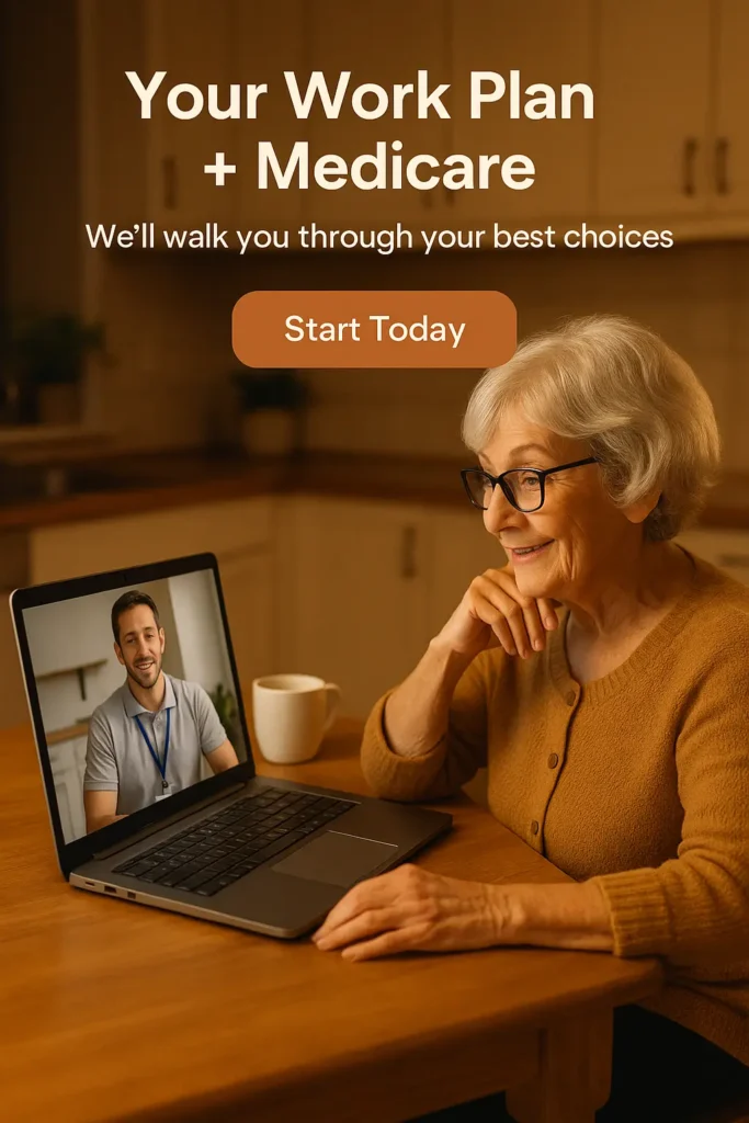 Senior woman meeting virtually with Medicare advisor while working past 65