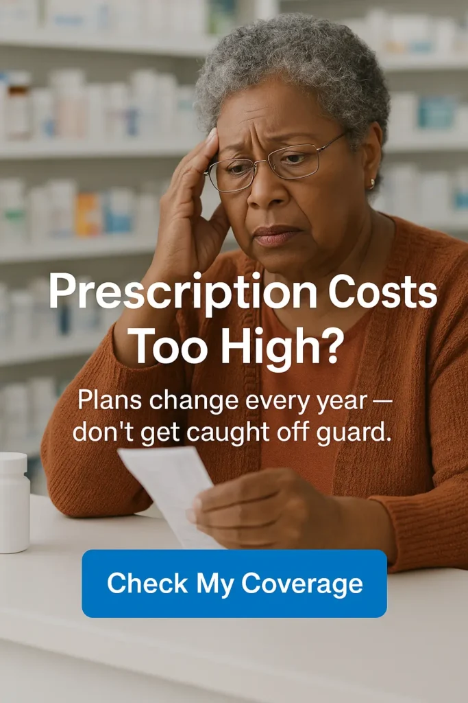Senior woman at pharmacy counter worried about high prescription bill with advisor assisting