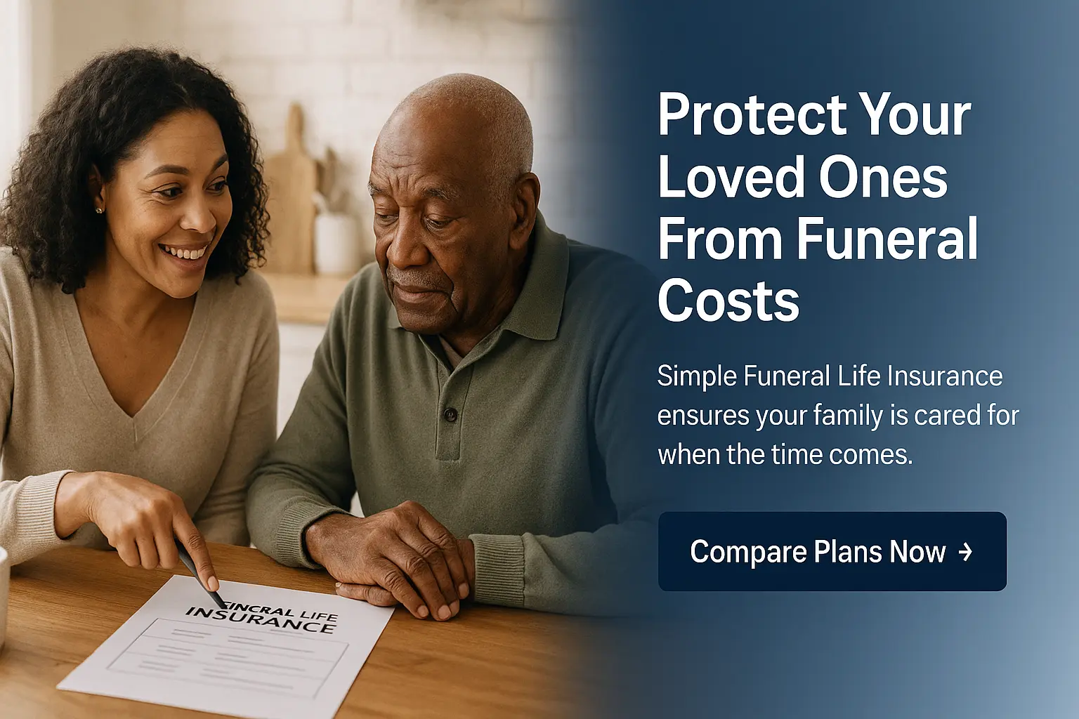 Daughter helping elderly father review Funeral Life Insurance paperwork at a kitchen table