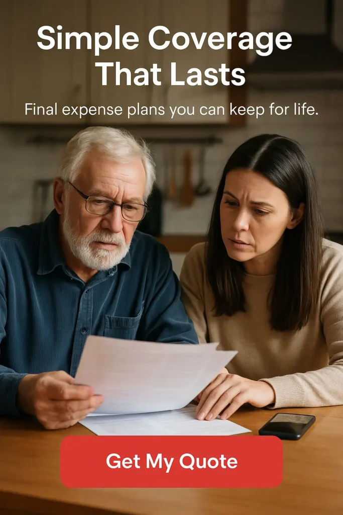 Senior man and adult daughter reviewing burial life insurance papers.