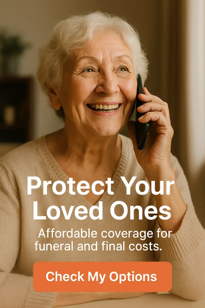 Senior woman talking on phone about funeral life insurance options.