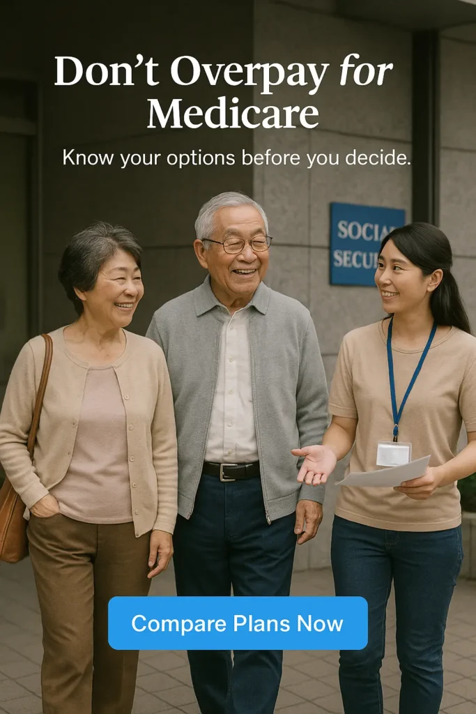 Senior couple with advisor leaving Social Security office smiling