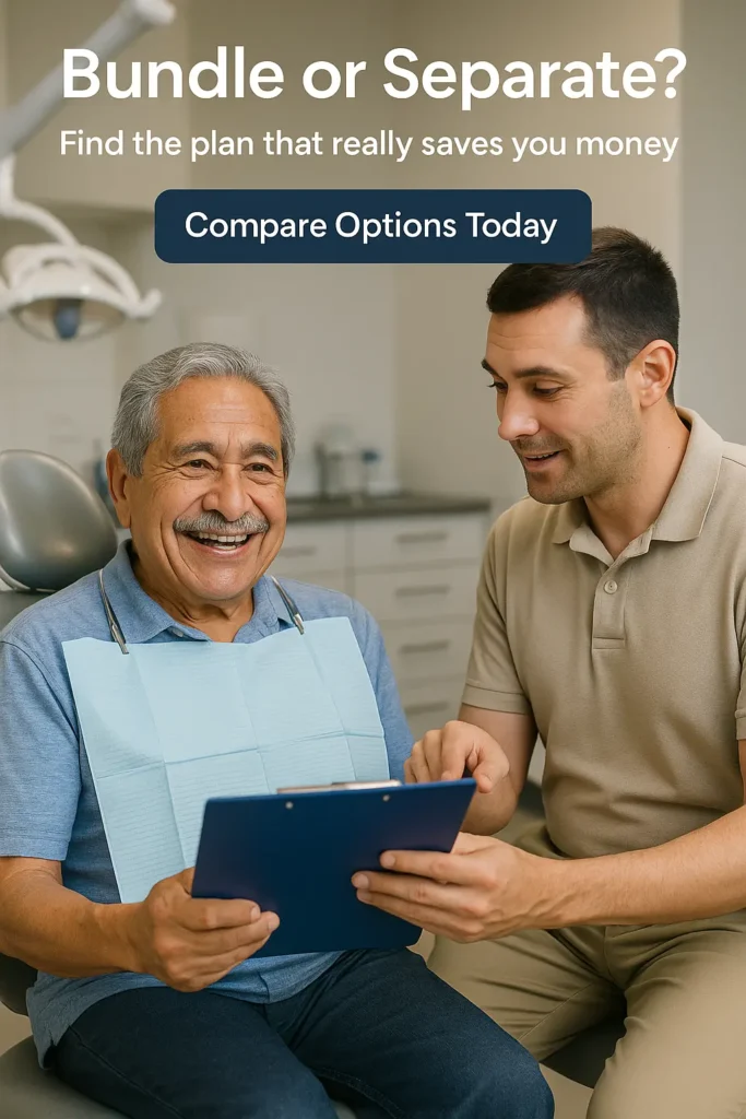 Senior man learning about bundled vs standalone DVH coverage with advisor at dentist office