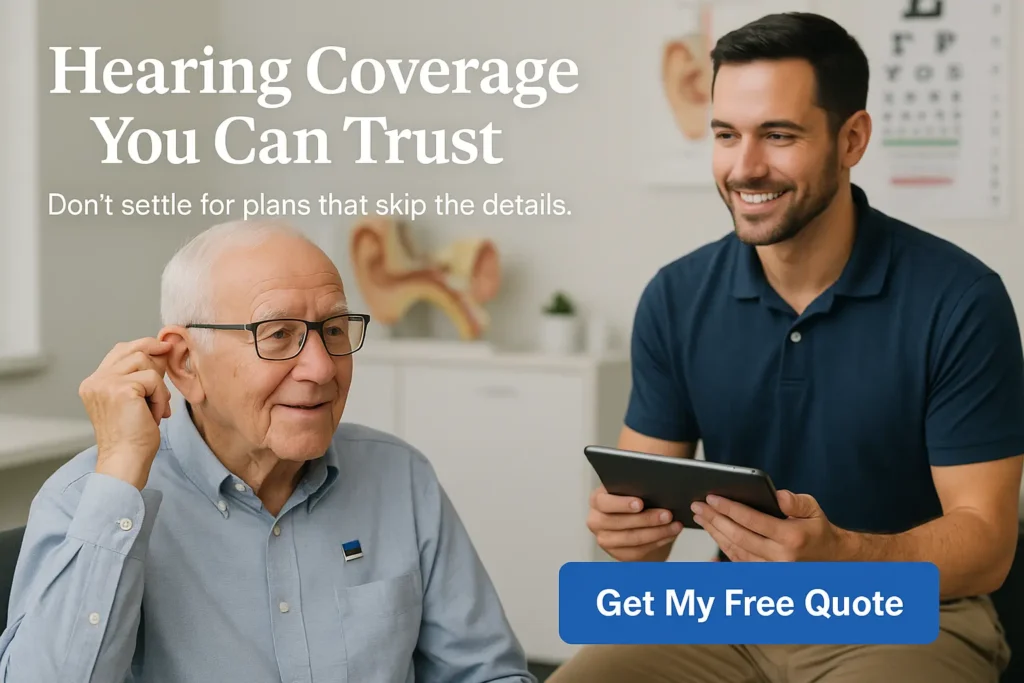 Senior man trying hearing aids while advisor explains DVH coverage