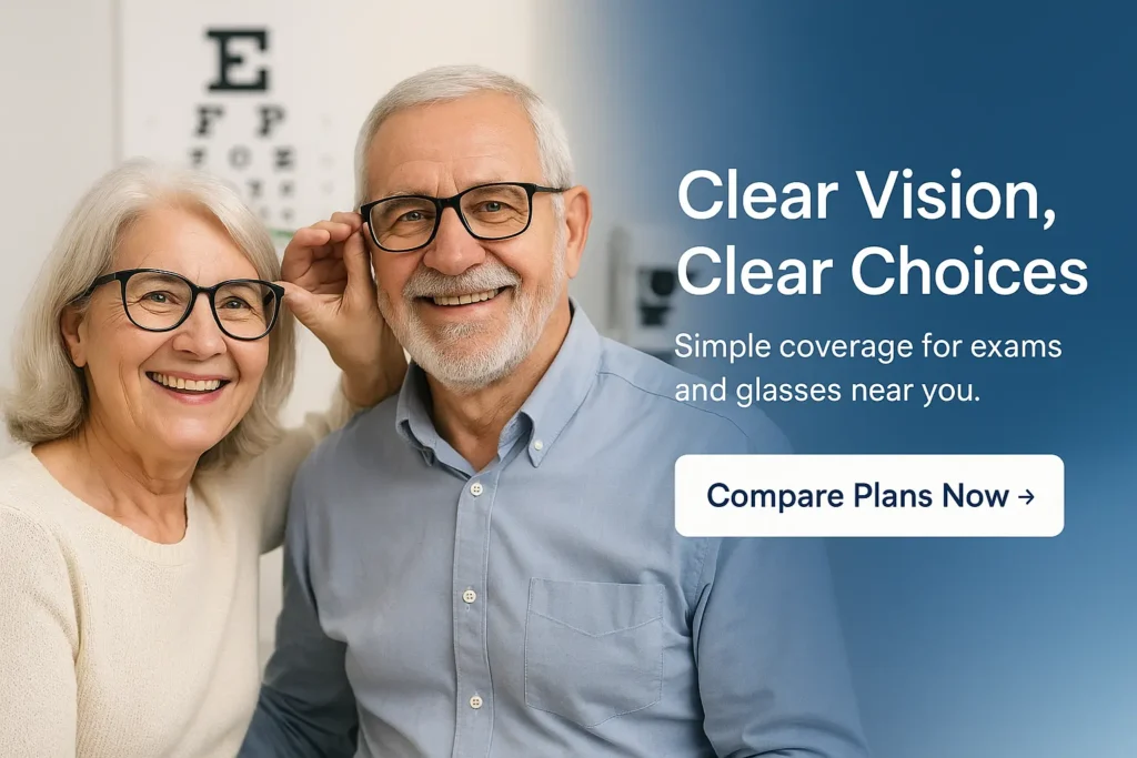 "Senior couple trying on glasses with DVH insurance, banner with headline Clear Vision, Clear Choices"