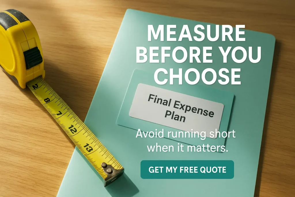Closeup of measuring tape on a wooden desk near a simple funeral planning folder